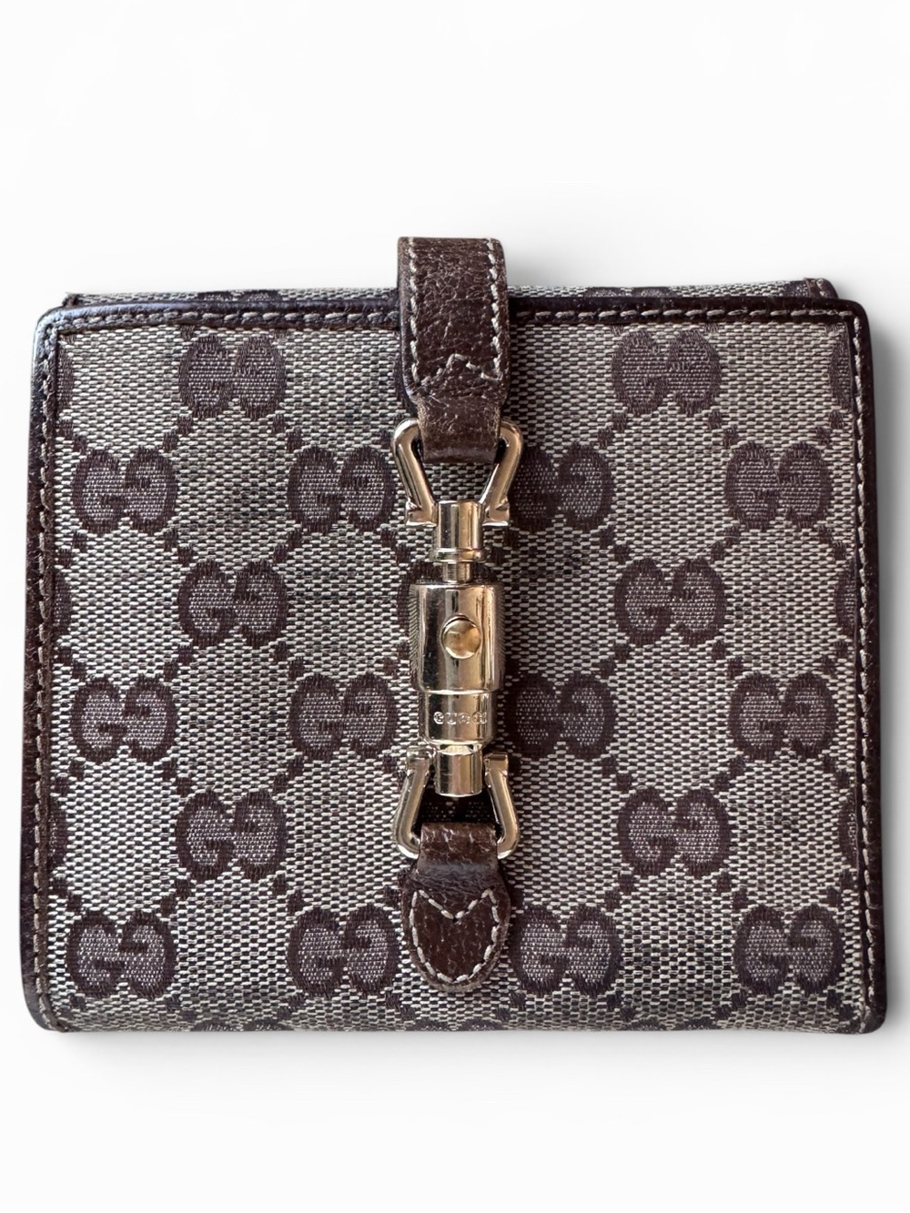 Gucci GG Canvas Jackie French Wallet Brown Leather Trim Made in Italy